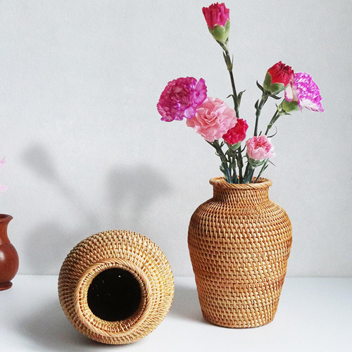 Cesta De Flores De Ratán Tejido, Jarrón Rústico, Maceta,