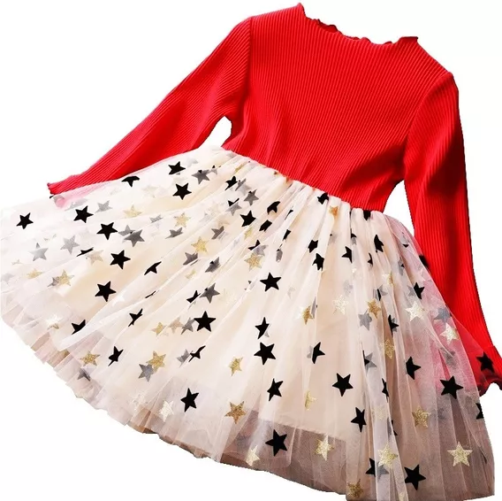 Vestido Niña Rojo Fiesta Cumple Tul Gasa Estrellas Precioso