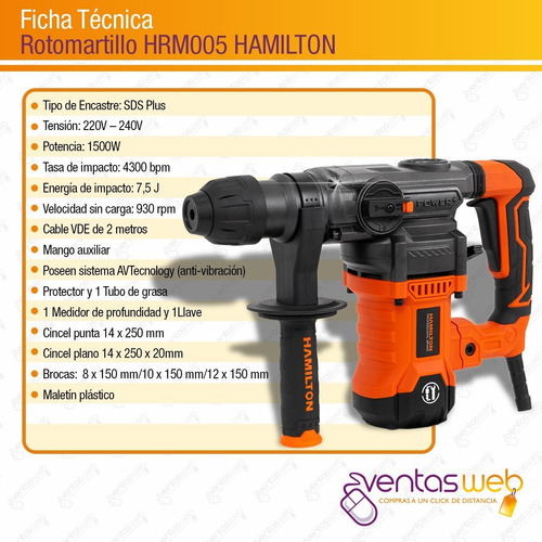 Imagen 8 de 9 de Rotomartillo 1500w 7,5j Cincelador Hamilton Maletin Y Mechas