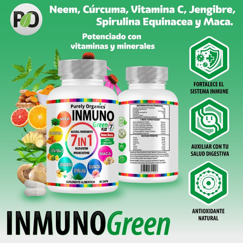 Imagen 3 de 10 de Inmuno Green 7 In 1 Purely Organics 90 Capsulas