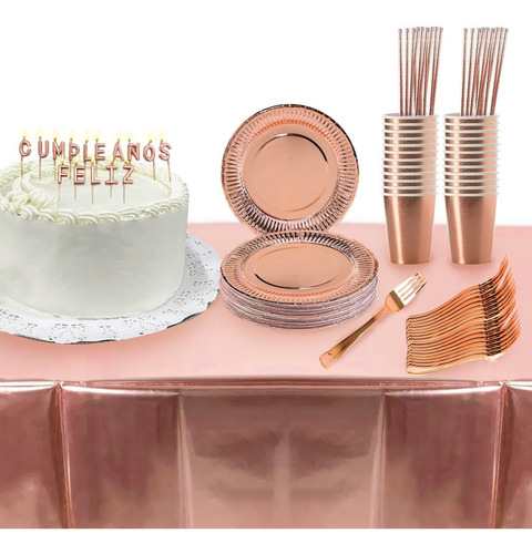 Imagen 2 de 9 de Set Cumpleaños Rosa Gold Platos, Vasos, Etc. 12 Personas