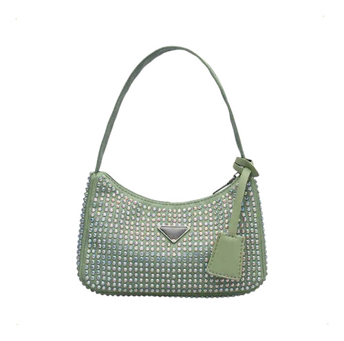 Cartera De Mujer Mini Bag Noche Axilar Mano Piedras Strass Acabado De Los Herrajes Níquel Color Verde Claro Diseño De La Tela Lisa