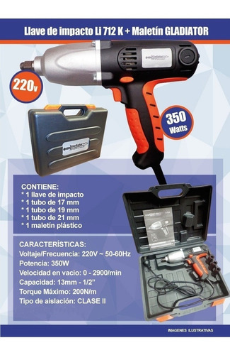 Imagen 3 de 9 de Llave De Impacto 200nm 13mm-1/2 Gladiator Li 712k + Maletín
