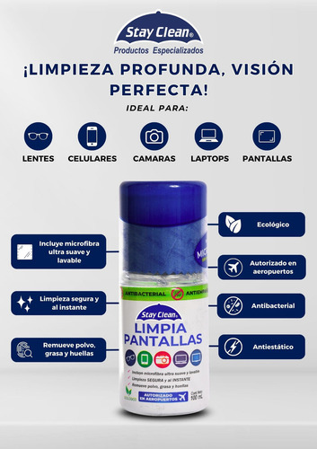 Limpia Pantallas de Stay Clean 100ml + Microfibra. Nano-Tecnología Antiempañante, Antiestática y Antihuellas. Ideal para OLED, Lentes, Tablet, Celular, TVs, Laptop. Aprobado en Aeropuertos. Uso Seguro