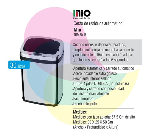 Imagen 2 de 8 de Cesto De Residuos Mio Rectangular Automático 30lts Tbm30lr