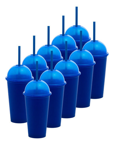 70 Vasos Con Popote De Plástico Rígido Color Azul