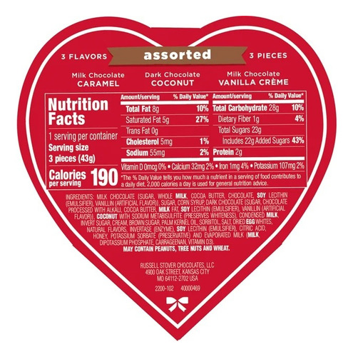 Russell Stover Conversation Heart Valentine's Day Heart Gift Box Russell Stover Rusell Stover Chocolates LLC chocolate con coco, vainilla o caramelo caja en forma de corazón 43 g