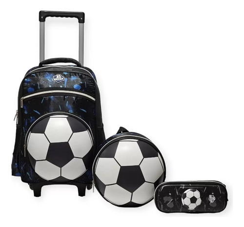 Kit Mochila Escolar Infantil Rodinhas Masculina Futebol Bola