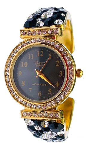 Reloj Chapa De Oro 14 Kilates Swarovsky Blanco Y Negro Dama