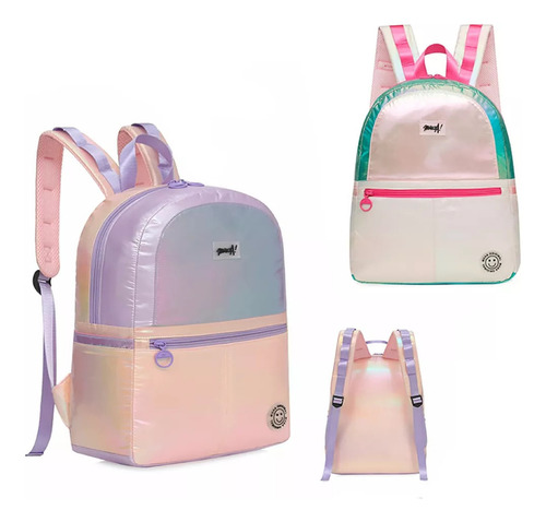 Mochila Muaa Juvenil Metalizada Modelo Puffer Resistente Color Violeta Diseño De La Tela Lisa
