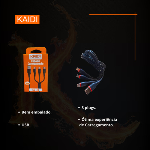 Cabo Usb Kaidi Kd-30 Tipo-c 1m Preto 8 Pinos Preto