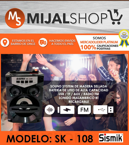 Sk-108 Sismik Sound Parlante Usb Bluetooth Sonido Inalambric