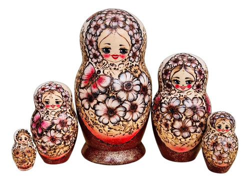 Matrioshka De Autor. Flores, Pirograbado. Rusia Hecha A Mano