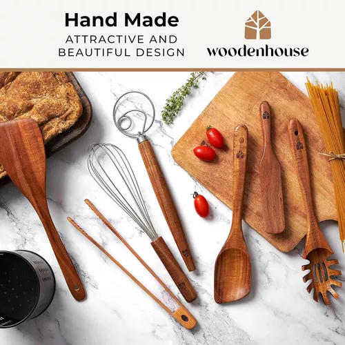 Juego de utensilios de cocina de madera, cucharas de madera para cocinar –  8 piezas de madera de cocina – Madera de teca duradera, ligera y