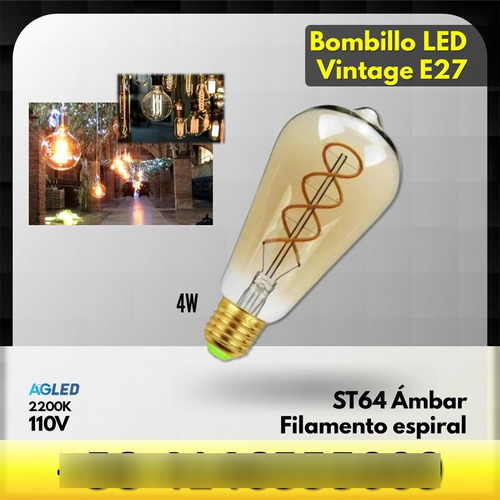 Bombillo Led Vintage 4w St64 Ambar Filam Espir 27 2000k 110v