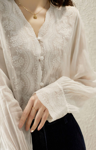Camisa Francesa Flores Bordadas Encaje Mujer Blusa Cuello V