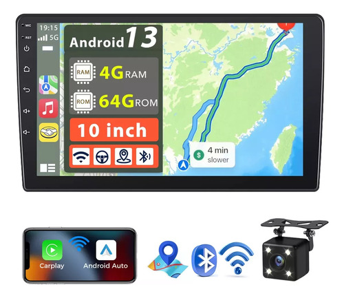 Gearelec Auto Estéreo Pantalla 10 Pulgadas Carplay Android 13 4+64g Wifi Gps FM con Led Camara