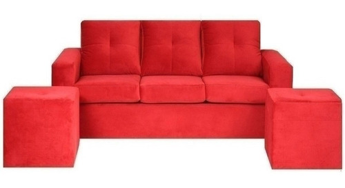 Sofá 3 Cuerpos Con 2 Pouf Felpa Rojo / Muebles América