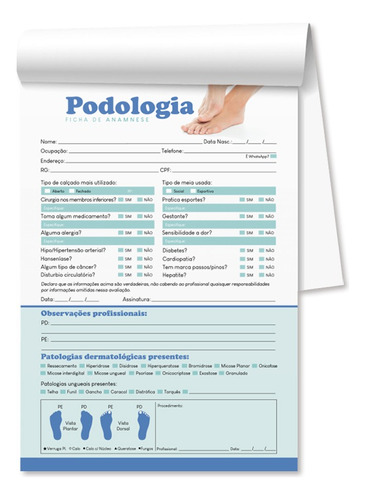 1 Ficha Anamnese De Podologia Bloco Com 100 Folhas - A4