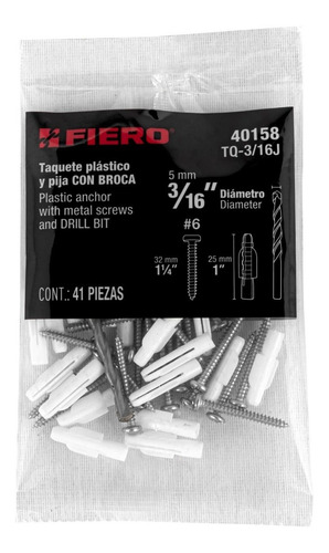 Kit De 20 Taquetes 3/16' Con Pijas #6 Y 1 Broca 3/16, Fiero