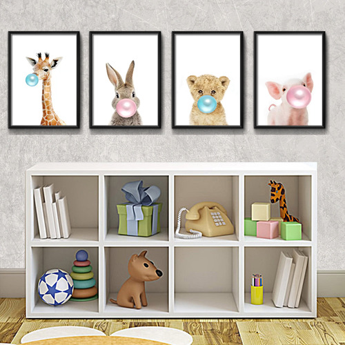 Set 4 Cuadros Leon Conejo Jirafa Cerdo Chicle Baby Animales