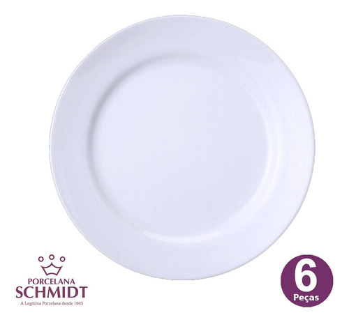 Jogo 6 Pratos Rasos Branco Cilíndrica Porcelana Schmidt