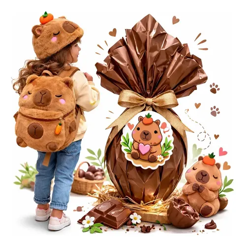 Kit Ovo De Pascoa + Mochila Capivara Com Touca Infantil