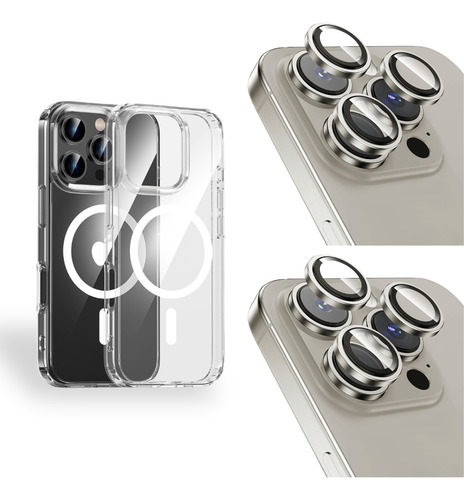 2 Protectores De Camaras Para Iphone 16 Pro + Funda Magsafe Titanio Natural