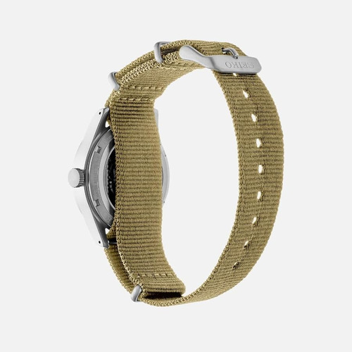 Reloj Seiko 5 Sports Srpj83 36mm Nato Automatico Ag. Malla Beige Bisel Plateado Fondo Beige