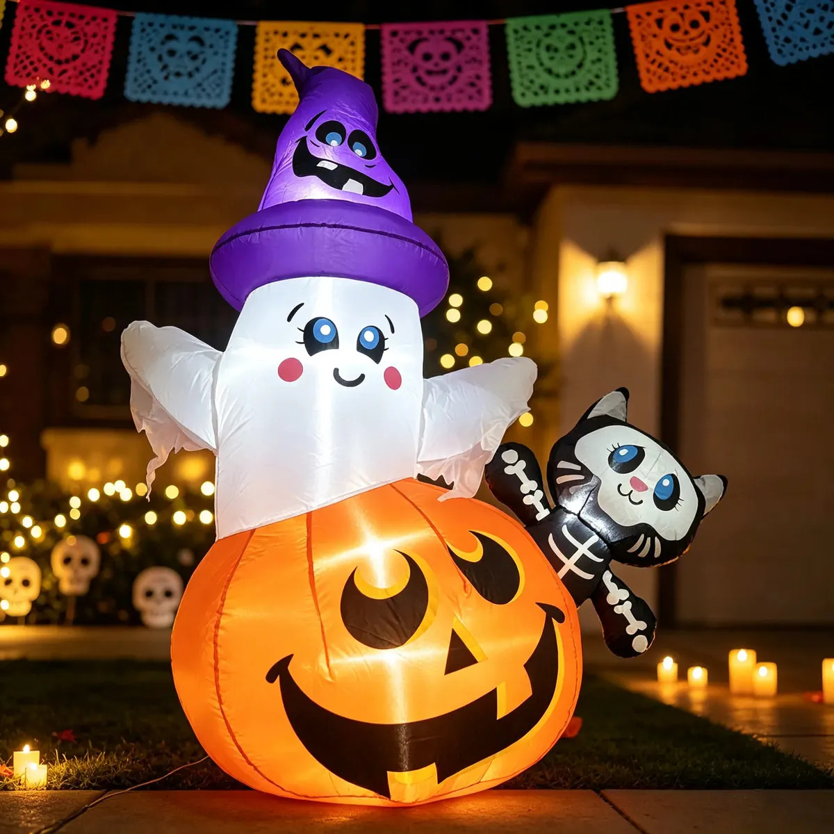 1.6m Fantasma Inflable Decoración Halloween Gato Calabaza Luz LED Muñeco Exterior Jardín Patio IHOGCO Fiesta Blanco Gato Negro
