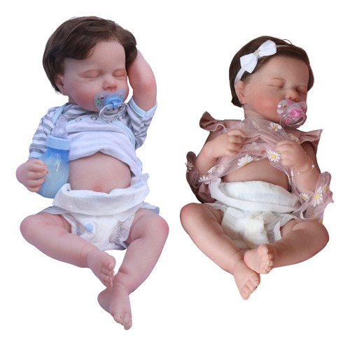 Kit 2 Bebês Reborn Casal Gêmeos Silicone Doll Olhos Dormindo