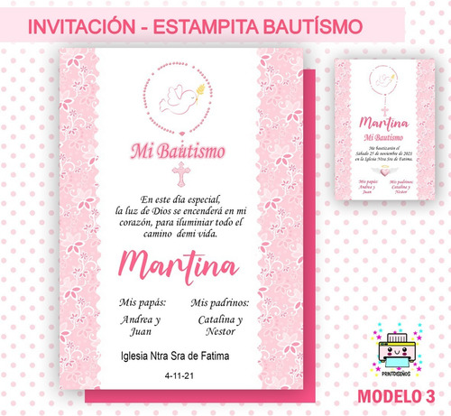 Tarjeta + Estampita Bautismo Nena Imprimir Personalizada M3