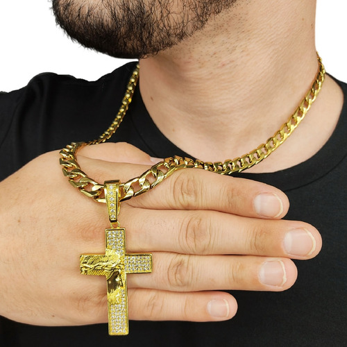 Corrente 100% Tungstênio Masculina Cruz Crucifixo Jesus Cor Dourado