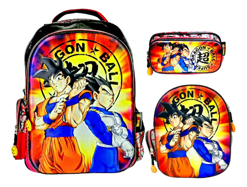 Kit Combo Mochila Dragon Ball 3d Super Goku Vegeta Primaria Color Negro
