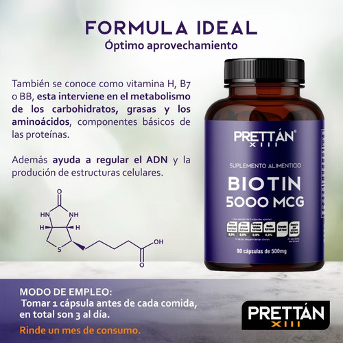 Biotina Suplemento Cabello Y Uñas 500mcg 90 Cápsulas Prettan
