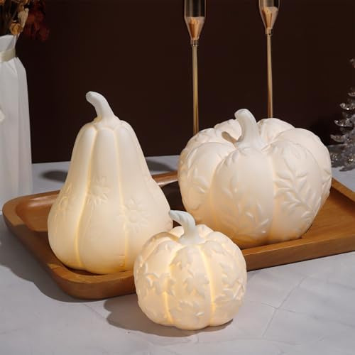 Juego De 3 Calabazas Grandes De Cerámica Con Luz, Calabazas