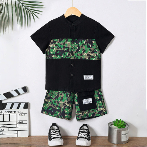 Conjunto Verano Con Estamoado De Camuflaje Niño 4-9 Años Negro 5-6 Años