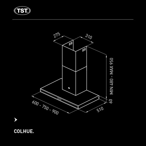 Extractor purificador de cocina TST Pared Colhue CO-30090-740 ac. inox. y vidrio de pared 900mm x 60mm x 510mm plateado 220V