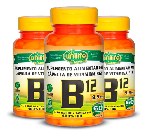 Kit 3 Vitamina B12 Cianocobalamina Unilife 60 Cápsulas Sabor Sem Sabor