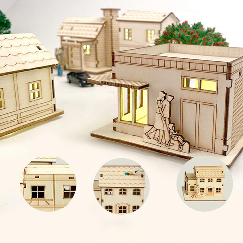 Q Casa De Madera Inacabada Paisaje Estilo A 9.8x7.5x9.3cm