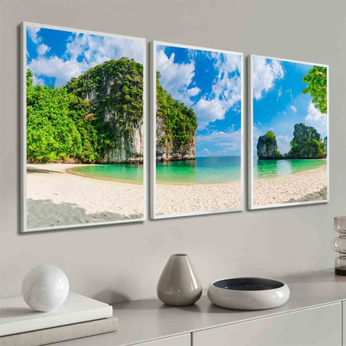 Kit 3 Quadros Decorativos Paisagem Praia Tailândia Moldura