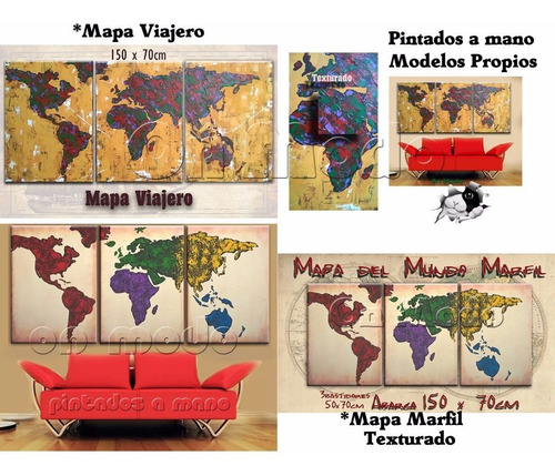 Cuadros Mapa Tripticos Decorativos Mapamundi Planisferio Atlas Texturados Pintados A Mano