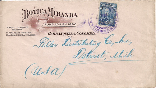 Colombia. 1910. Botica Miranda. Barranquilla - Detroit.