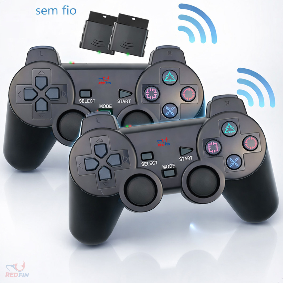 Controle Ps2 Compatível P2 Play 2 Sem Fio Joystick Kit Com 2 Manete Cor Preto Video-game Dual Shock Wireless Analogico Gamepad - Marca Redfin