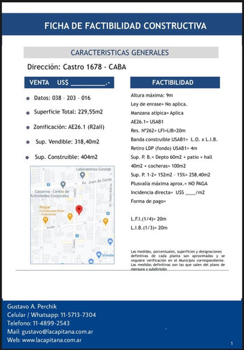 Lote, Boedo, Castro Al 1600, Usab 1, Para 318m2 Vendibles