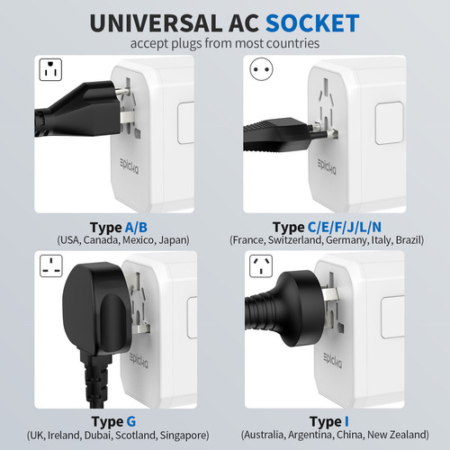 Adaptador de viaje universal Epicka blanco con 3 puertos USB-C y 2 puertos USB-A, compatible con EE. UU., UE, Reino Unido y Australia.