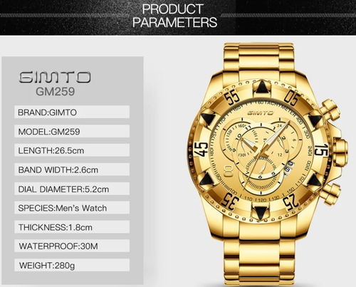 Relógio Gimto Big Dial Dourado Original Com Box