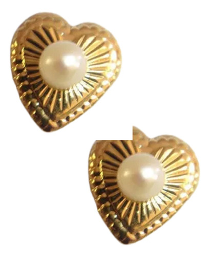 Aretes Broquel Corazon Con Perla En Chapa De Oro 22k