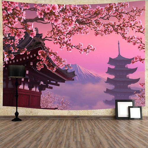 Tapiz Japon Cerezo Sakura Blossom Temple Mount Fuji Pink 80