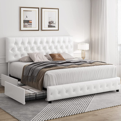 Base De Cama Con 4 Cajones Color Blanco Marca Keyluv